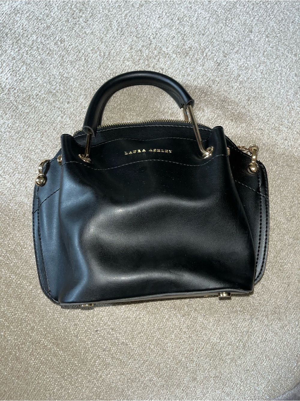 Laura Ashley Black Leather Mini Satchel with Gold Hardware